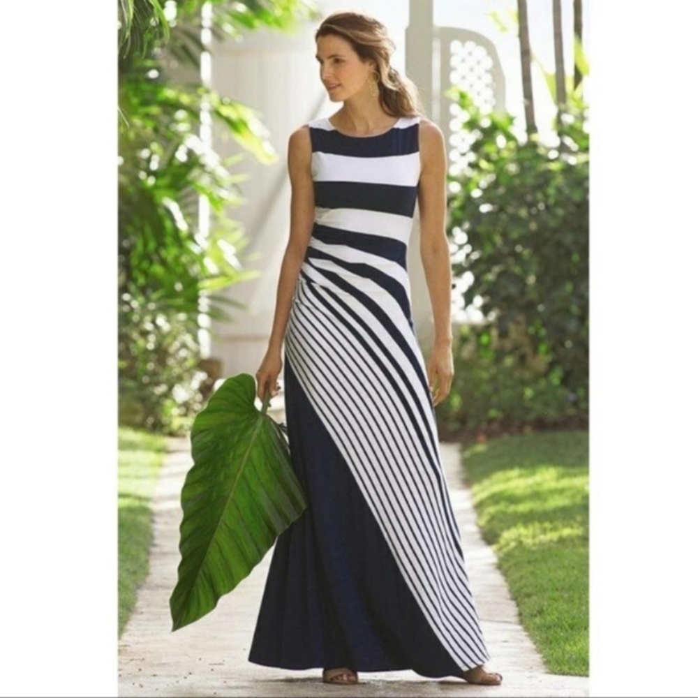 Soft Surroundings Maxi Dress Jersey Knit Nautical Maxi Dress